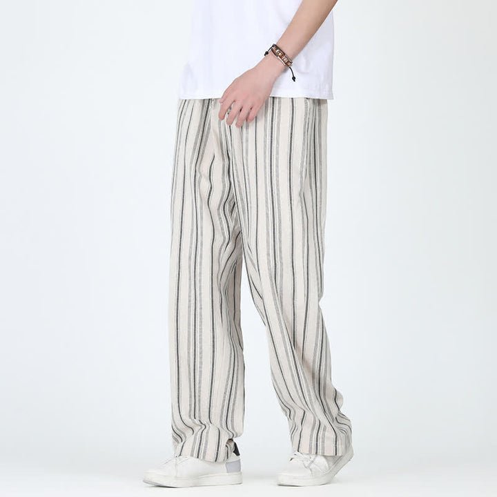 Buddha Stones Pantaloni da uomo a gamba dritta con coulisse, stile vintage, a righe verticali, per primavera/estate, casual, vintage, con tasca. - image 14