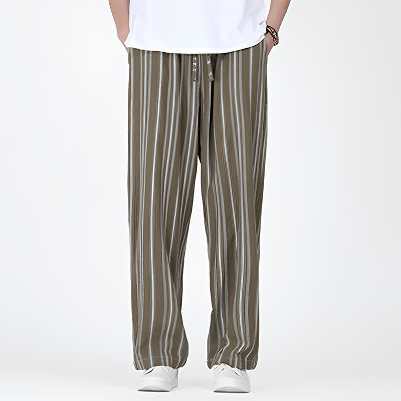 Buddha Stones Pantaloni da uomo a gamba dritta con coulisse, stile vintage, a righe verticali, per primavera/estate, casual, vintage, con tasca. - image 3