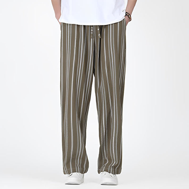 Buddha Stones Pantaloni da uomo a gamba dritta con coulisse, stile vintage, a righe verticali, per primavera/estate, casual, vintage, con tasca. - image 3