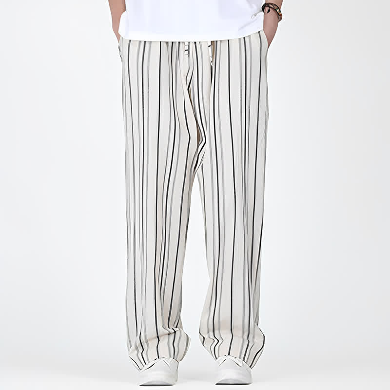 Buddha Stones Pantaloni da uomo a gamba dritta con coulisse, stile vintage, a righe verticali, per primavera/estate, casual, vintage, con tasca. - image 15