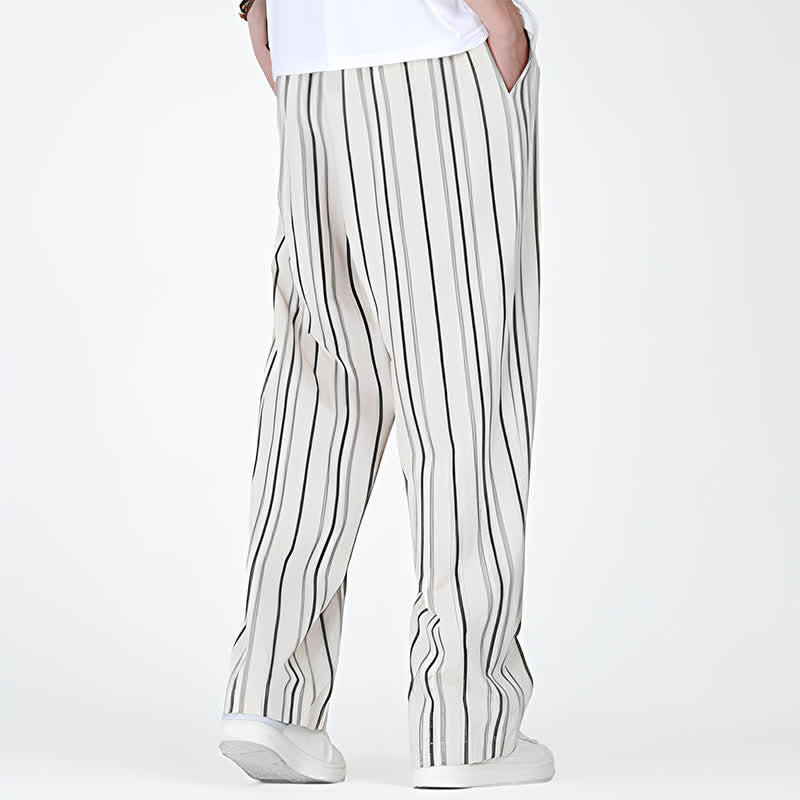 Buddha Stones Pantaloni da uomo a gamba dritta con coulisse, stile vintage, a righe verticali, per primavera/estate, casual, vintage, con tasca. - image 13