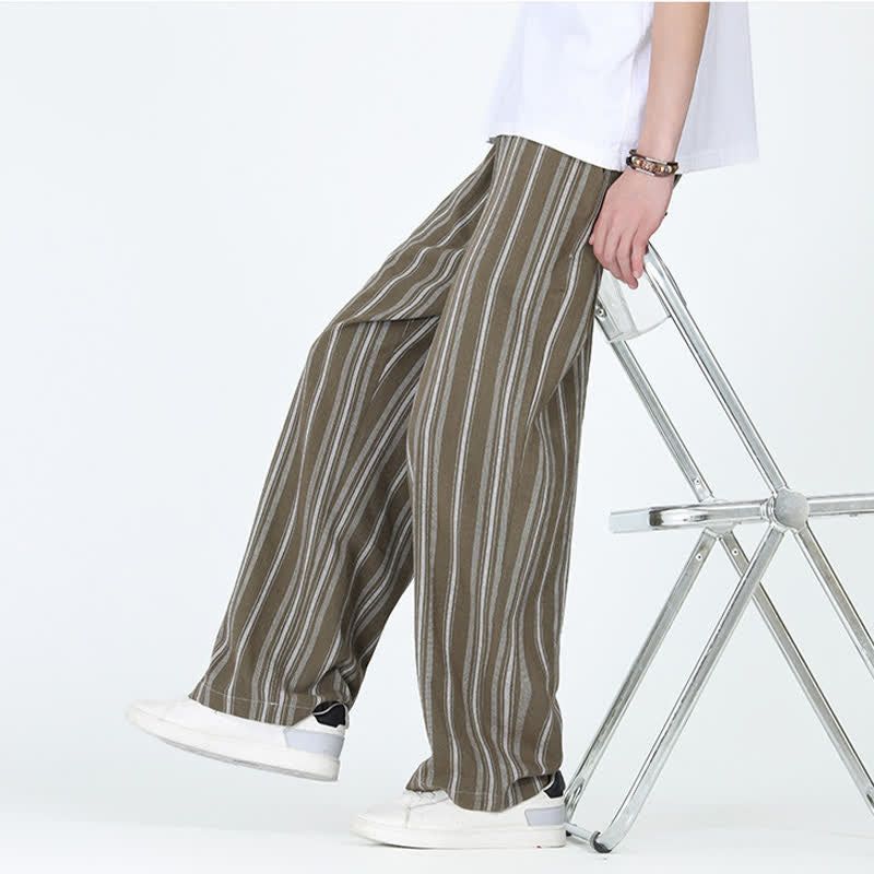 Buddha Stones Pantaloni da uomo a gamba dritta con coulisse, stile vintage, a righe verticali, per primavera/estate, casual, vintage, con tasca. - image 6