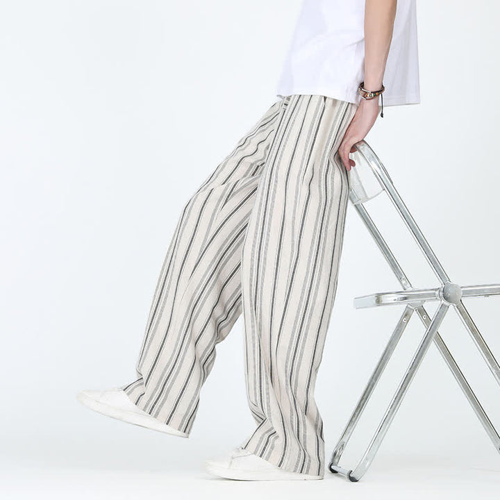 Buddha Stones Pantaloni da uomo a gamba dritta con coulisse, stile vintage, a righe verticali, per primavera/estate, casual, vintage, con tasca. - image 16