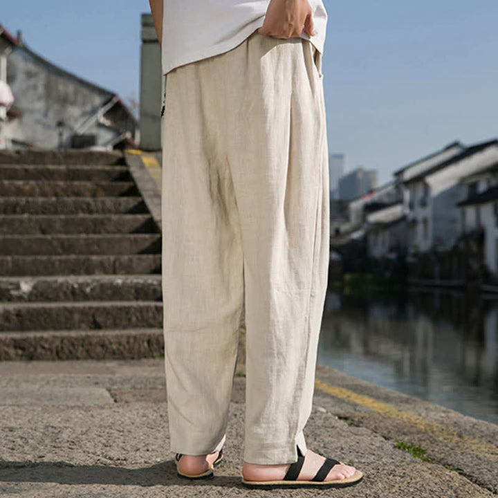 Buddha Stones Pantaloni harem da uomo in ramia tinta unita, casual, minimalisti, con coulisse, per primavera/estate, con tasca. - image 3