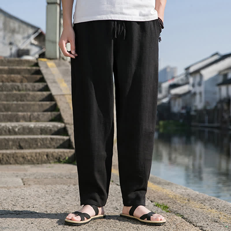 Buddha Stones Pantaloni harem da uomo in ramia tinta unita, casual, minimalisti, con coulisse, per primavera/estate, con tasca. - image 9