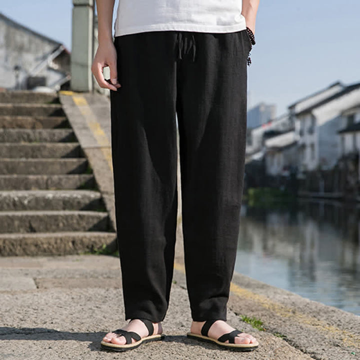 Buddha Stones Pantaloni harem da uomo in ramia tinta unita, casual, minimalisti, con coulisse, per primavera/estate, con tasca. - image 9