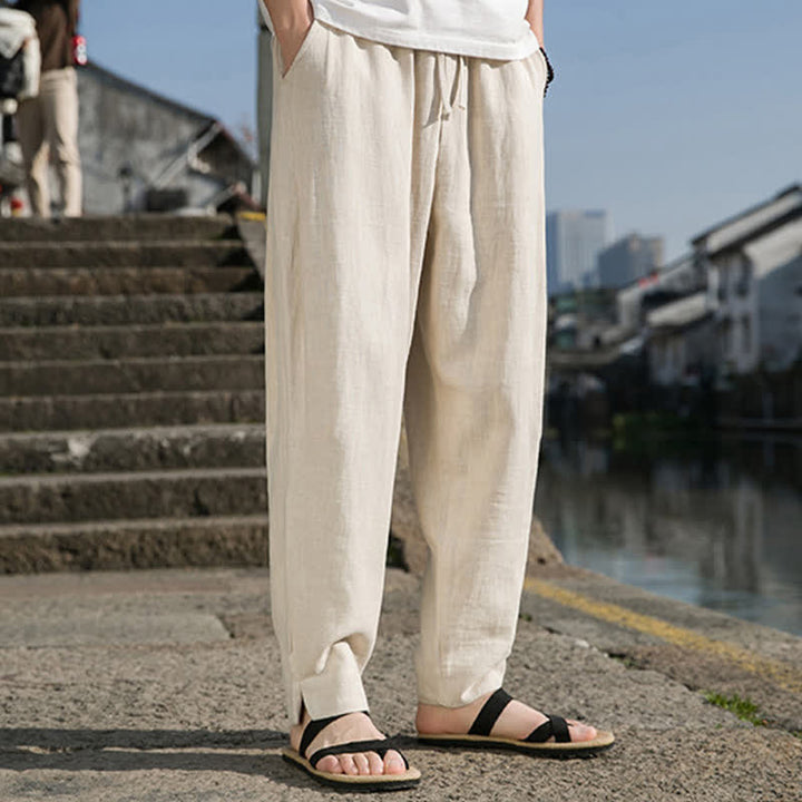 Buddha Stones Pantaloni harem da uomo in ramia tinta unita, casual, minimalisti, con coulisse, per primavera/estate, con tasca. - image 2