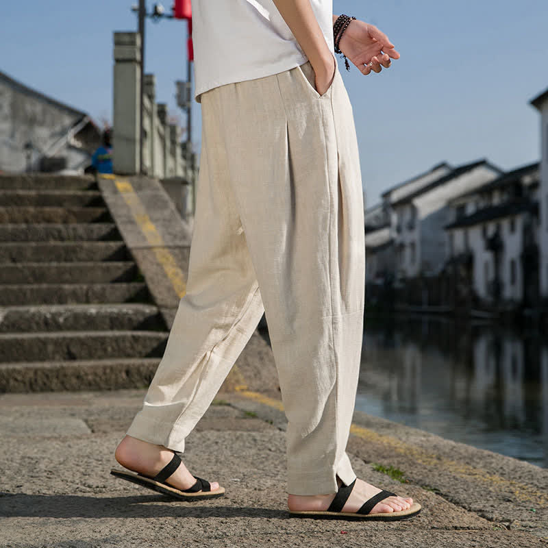 Buddha Stones Pantaloni harem da uomo in ramia tinta unita, casual, minimalisti, con coulisse, per primavera/estate, con tasca. - image 4
