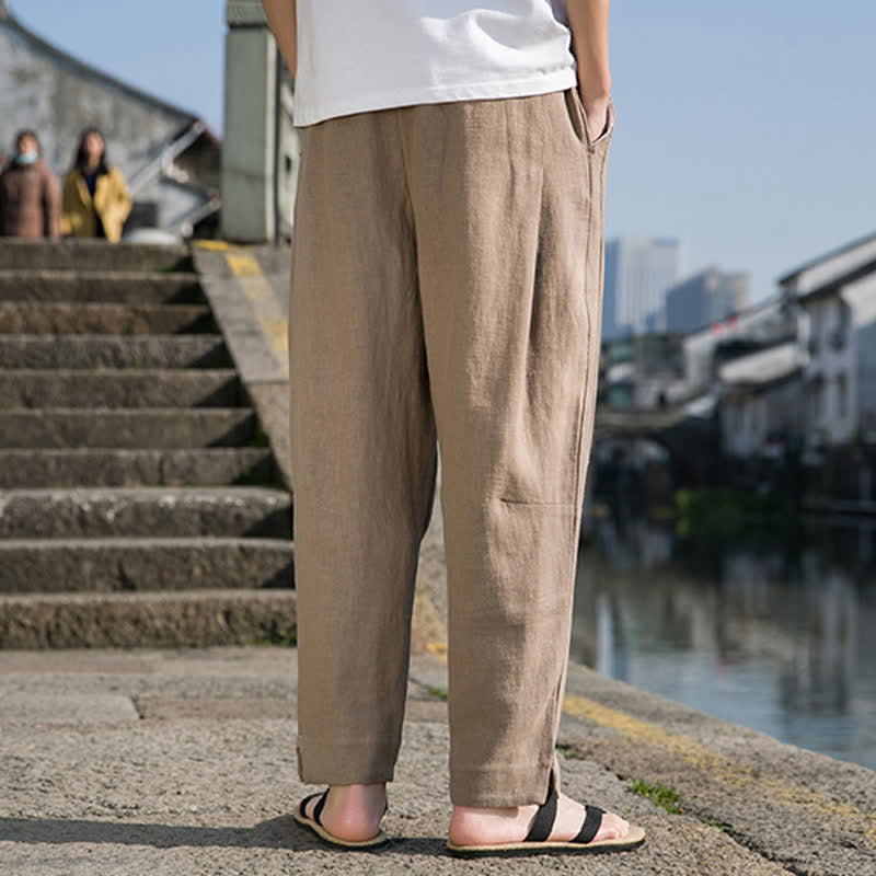 Buddha Stones Pantaloni harem da uomo in ramia tinta unita, casual, minimalisti, con coulisse, per primavera/estate, con tasca. - image 25