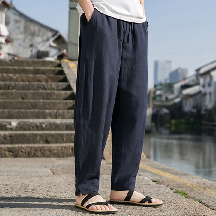 Buddha Stones Pantaloni harem da uomo in ramia tinta unita, casual, minimalisti, con coulisse, per primavera/estate, con tasca. - image 13