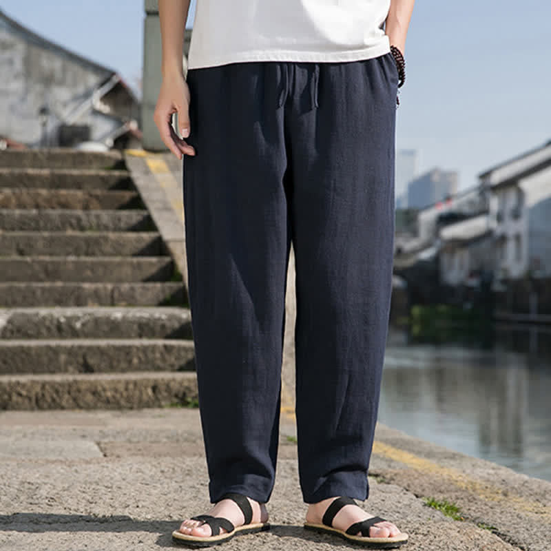 Buddha Stones Pantaloni harem da uomo in ramia tinta unita, casual, minimalisti, con coulisse, per primavera/estate, con tasca. - Blu mezzanotte - US/UK/AU44, EU54 (4XL) - image 12