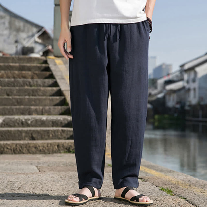 Buddha Stones Pantaloni harem da uomo in ramia tinta unita, casual, minimalisti, con coulisse, per primavera/estate, con tasca. - Blu mezzanotte - US/UK/AU44, EU54 (4XL) - image 12