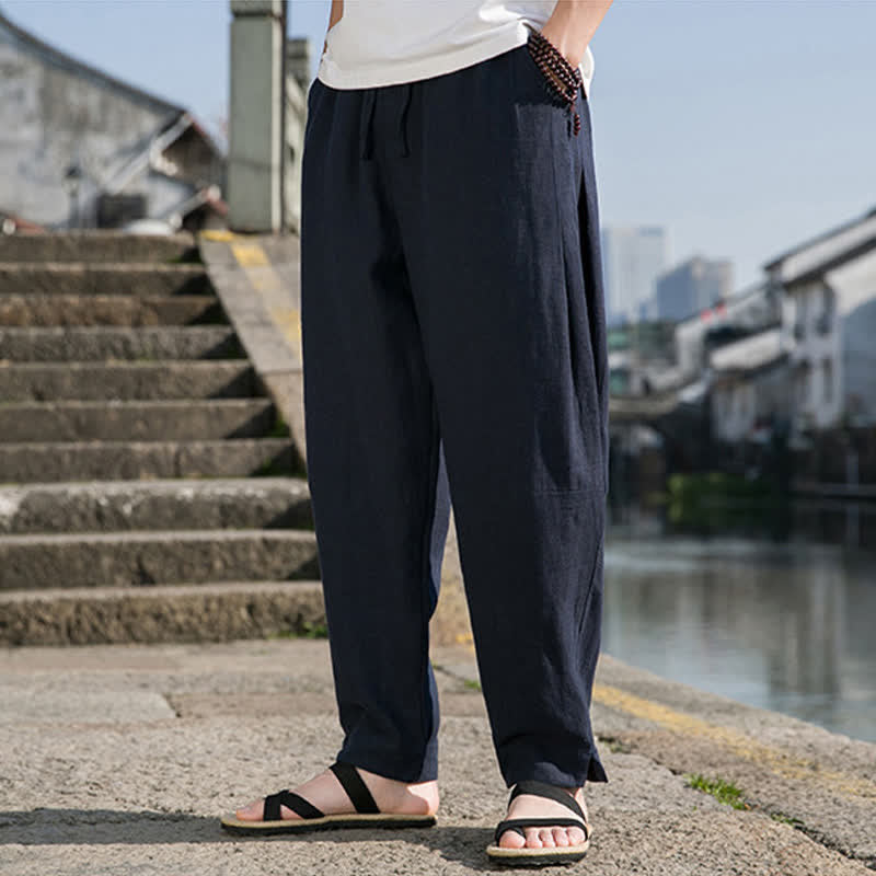 Buddha Stones Pantaloni harem da uomo in ramia tinta unita, casual, minimalisti, con coulisse, per primavera/estate, con tasca. - image 14