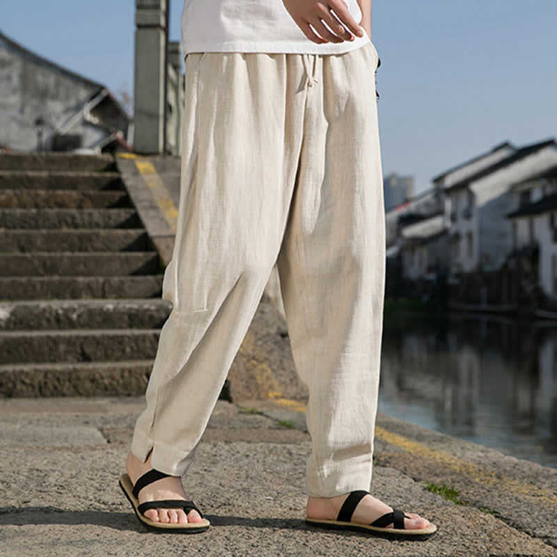 Buddha Stones Pantaloni harem da uomo in ramia tinta unita, casual, minimalisti, con coulisse, per primavera/estate, con tasca. - image 1