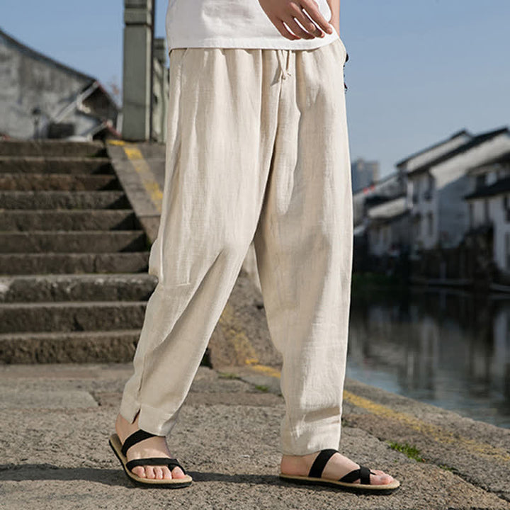 Buddha Stones Pantaloni harem da uomo in ramia tinta unita, casual, minimalisti, con coulisse, per primavera/estate, con tasca. - image 1