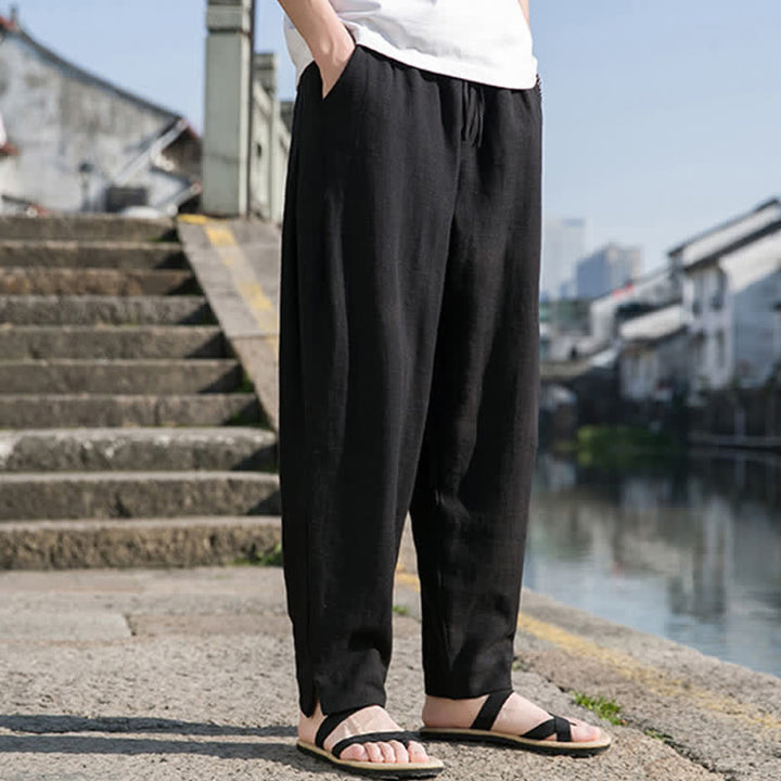 Buddha Stones Pantaloni harem da uomo in ramia tinta unita, casual, minimalisti, con coulisse, per primavera/estate, con tasca. - image 8