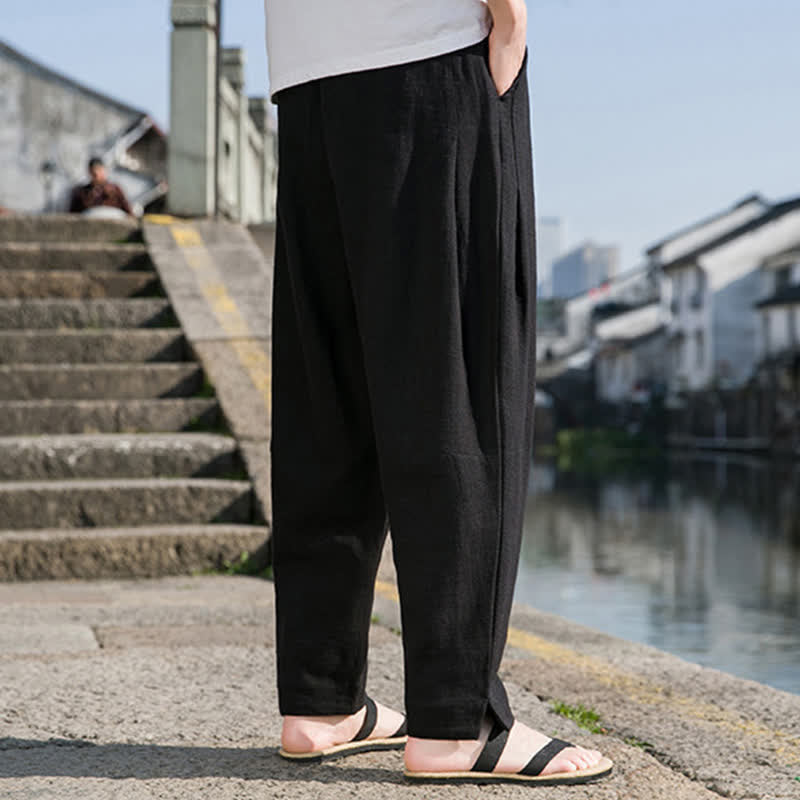 Buddha Stones Pantaloni harem da uomo in ramia tinta unita, casual, minimalisti, con coulisse, per primavera/estate, con tasca. - image 10