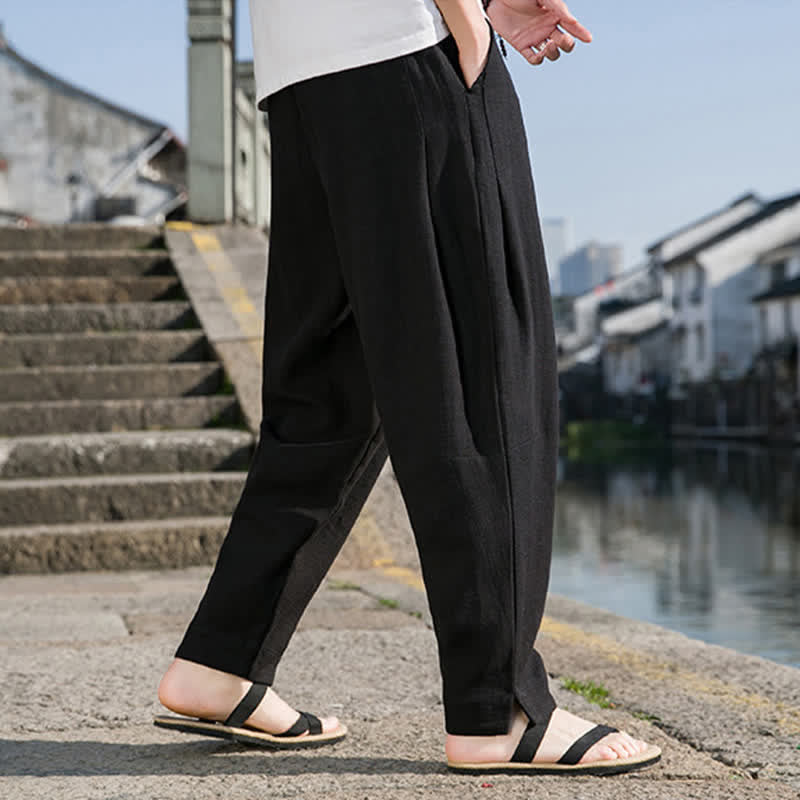 Buddha Stones Pantaloni harem da uomo in ramia tinta unita, casual, minimalisti, con coulisse, per primavera/estate, con tasca. - image 11