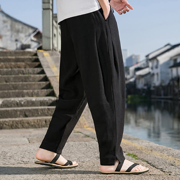 Buddha Stones Pantaloni harem da uomo in ramia tinta unita, casual, minimalisti, con coulisse, per primavera/estate, con tasca. - image 11
