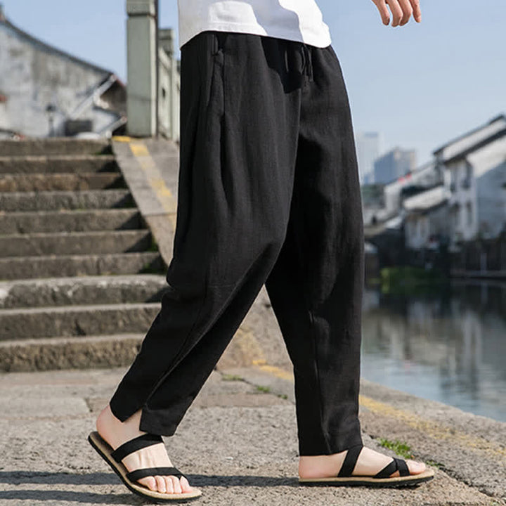 Buddha Stones Pantaloni harem da uomo in ramia tinta unita, casual, minimalisti, con coulisse, per primavera/estate, con tasca. - Nero - US/UK/AU44, EU54 (4XL) - image 7