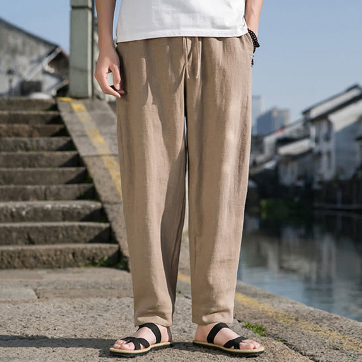 Buddha Stones Pantaloni harem da uomo in ramia tinta unita, casual, minimalisti, con coulisse, per primavera/estate, con tasca. - image 24