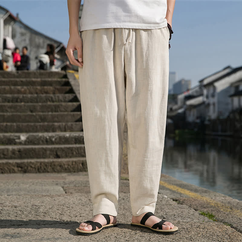 Buddha Stones Pantaloni harem da uomo in ramia tinta unita, casual, minimalisti, con coulisse, per primavera/estate, con tasca. - image 5