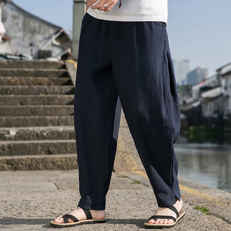 Buddha Stones Pantaloni harem da uomo in ramia tinta unita, casual, minimalisti, con coulisse, per primavera/estate, con tasca. - image 15