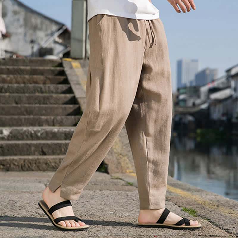 Buddha Stones Pantaloni harem da uomo in ramia tinta unita, casual, minimalisti, con coulisse, per primavera/estate, con tasca. - Tan - US/UK/AU44, EU54 (4XL) - image 21