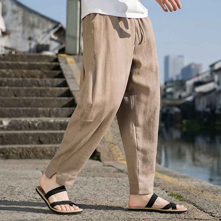 Buddha Stones Pantaloni harem da uomo in ramia tinta unita, casual, minimalisti, con coulisse, per primavera/estate, con tasca. - Tan - US/UK/AU44, EU54 (4XL) - image 21