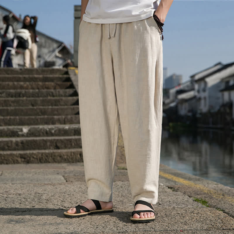 Buddha Stones Pantaloni harem da uomo in ramia tinta unita, casual, minimalisti, con coulisse, per primavera/estate, con tasca. - image 6
