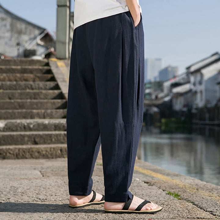 Buddha Stones Pantaloni harem da uomo in ramia tinta unita, casual, minimalisti, con coulisse, per primavera/estate, con tasca. - image 16