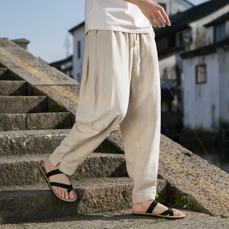 Buddha Stones Pantaloni harem da uomo in ramia tinta unita, casual, minimalisti, con coulisse, per primavera/estate, con tasca. - Bianco antico - US/UK/AU44, EU54 (4XL) - image 0