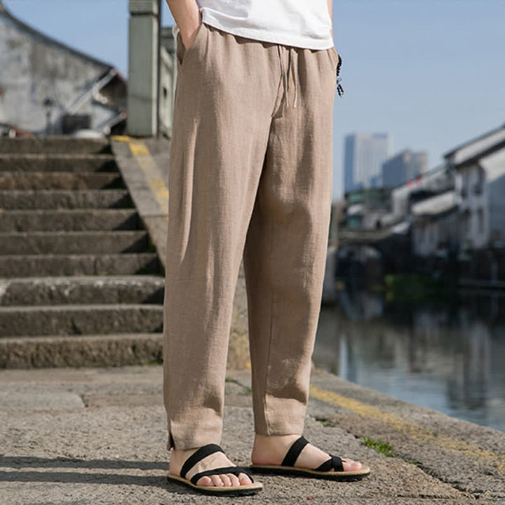 Buddha Stones Pantaloni harem da uomo in ramia tinta unita, casual, minimalisti, con coulisse, per primavera/estate, con tasca. - image 22
