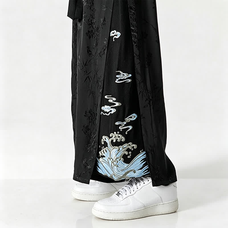 Buddha Stones Pantaloni corti da uomo a gamba larga con coulisse, stile Tang, primavera/estate, con ricami astratti e tasca. - image 11