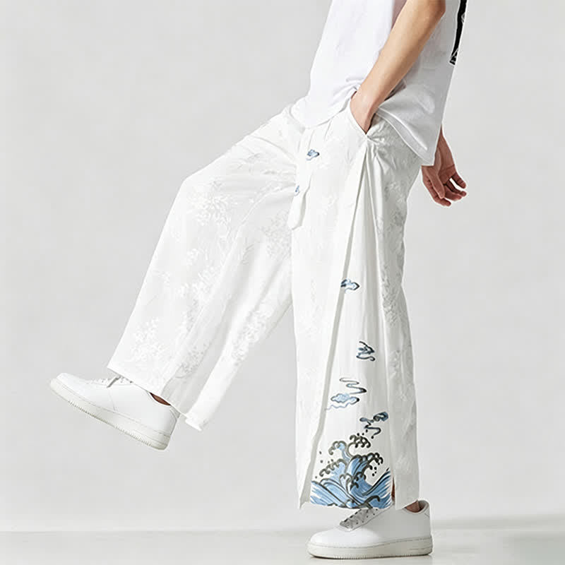 Buddha Stones Pantaloni corti da uomo a gamba larga con coulisse, stile Tang, primavera/estate, con ricami astratti e tasca. - image 20
