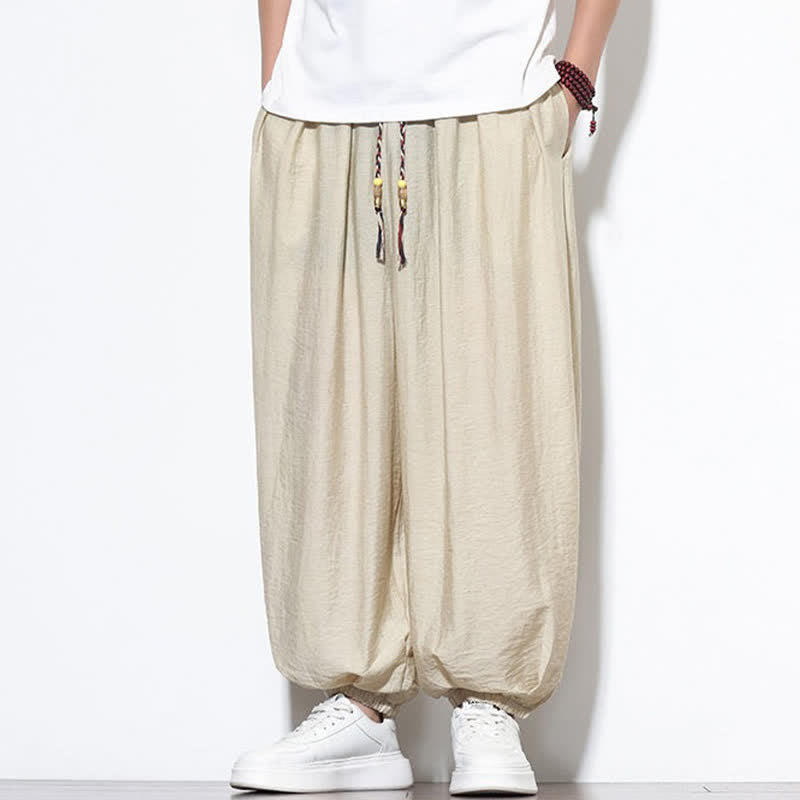 Buddha Stones Pantaloni corti estivi casual boho con coulisse, pantaloni harem da uomo a tinta unita con tasca - image 4
