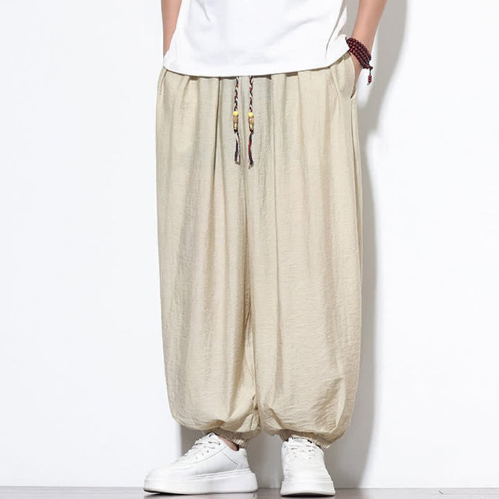 Buddha Stones Pantaloni corti estivi casual boho con coulisse, pantaloni harem da uomo a tinta unita con tasca - image 4