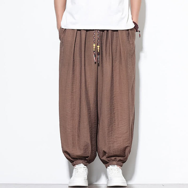 Buddha Stones Pantaloni corti estivi casual boho con coulisse, pantaloni harem da uomo a tinta unita con tasca - image 23
