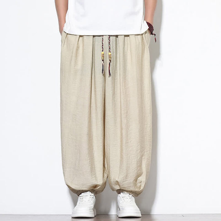 Buddha Stones Pantaloni corti estivi casual boho con coulisse, pantaloni harem da uomo a tinta unita con tasca - image 8