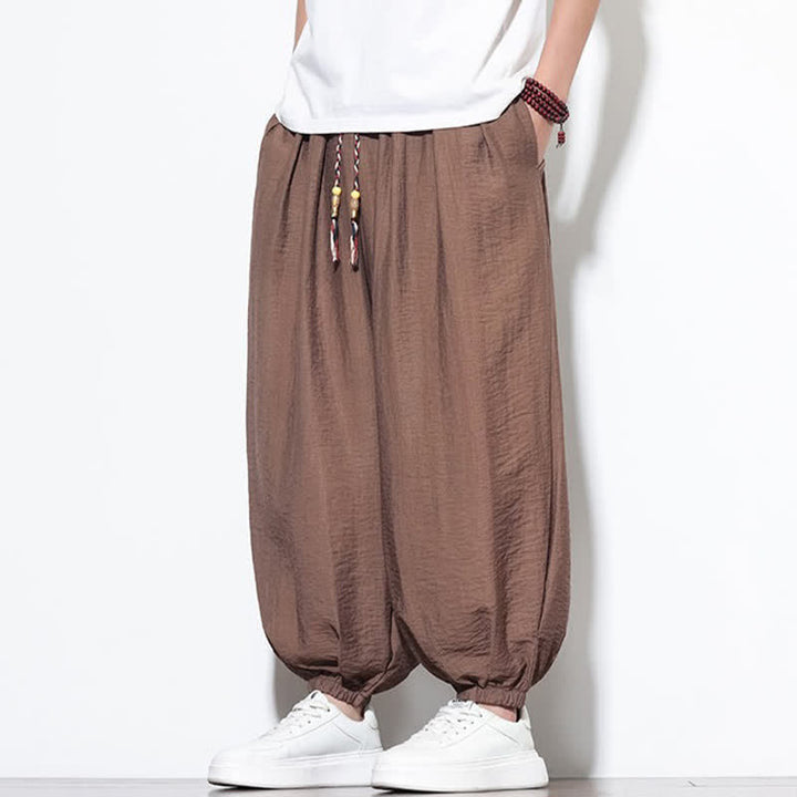 Buddha Stones Pantaloni corti estivi casual boho con coulisse, pantaloni harem da uomo a tinta unita con tasca - image 22