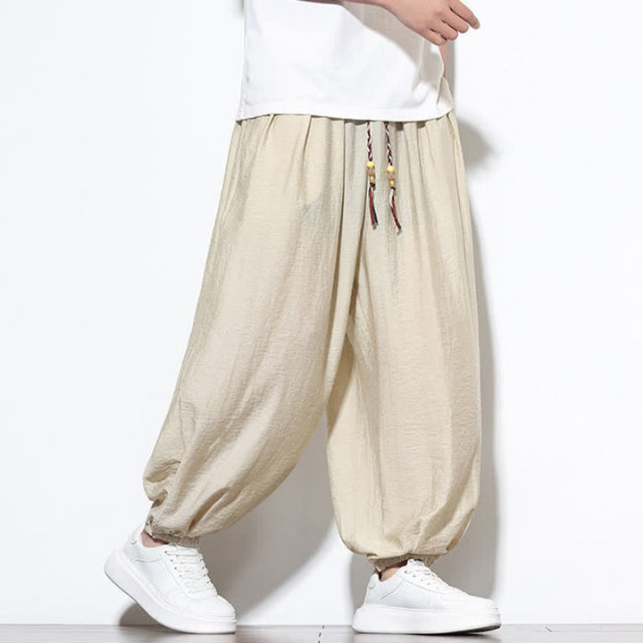 Buddha Stones Pantaloni corti estivi casual boho con coulisse, pantaloni harem da uomo a tinta unita con tasca - image 2