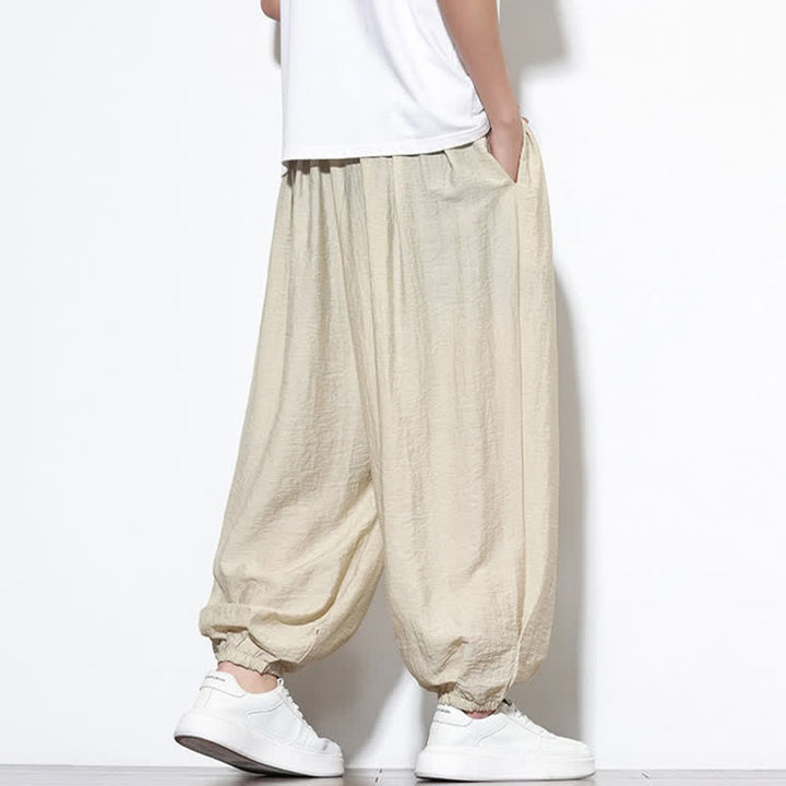 Buddha Stones Pantaloni corti estivi casual boho con coulisse, pantaloni harem da uomo a tinta unita con tasca - image 3