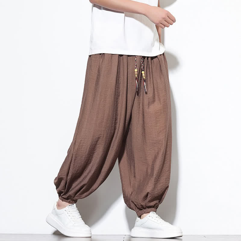 Buddha Stones Pantaloni corti estivi casual boho con coulisse, pantaloni harem da uomo a tinta unita con tasca - image 19