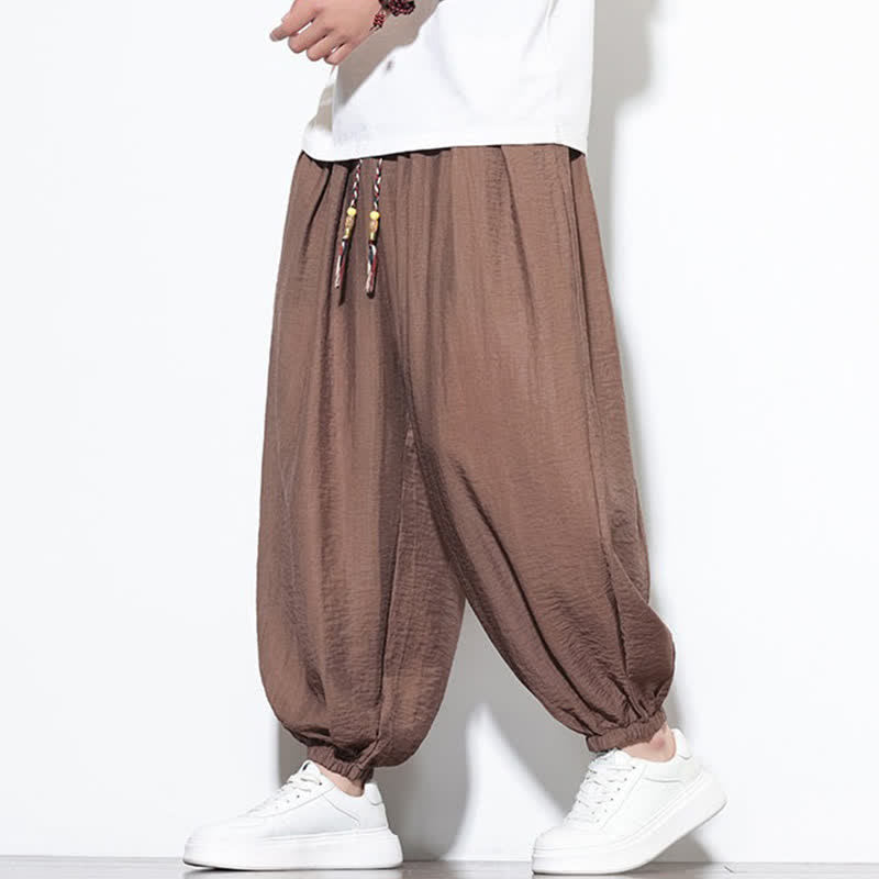 Buddha Stones Pantaloni corti estivi casual boho con coulisse, pantaloni harem da uomo a tinta unita con tasca - image 20