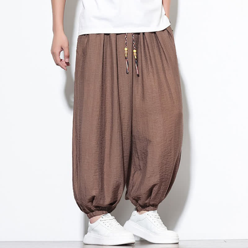 Buddha Stones Pantaloni corti estivi casual boho con coulisse, pantaloni harem da uomo a tinta unita con tasca - image 25