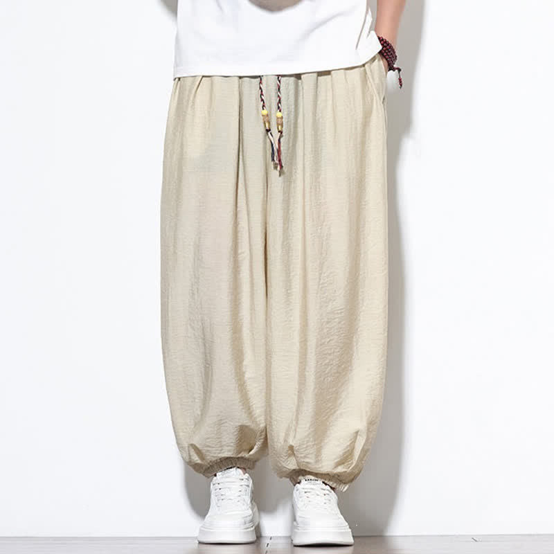 Buddha Stones Pantaloni corti estivi casual boho con coulisse, pantaloni harem da uomo a tinta unita con tasca - image 6