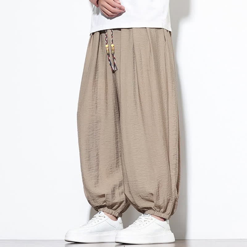 Buddha Stones Pantaloni corti estivi casual boho con coulisse, pantaloni harem da uomo a tinta unita con tasca - image 32