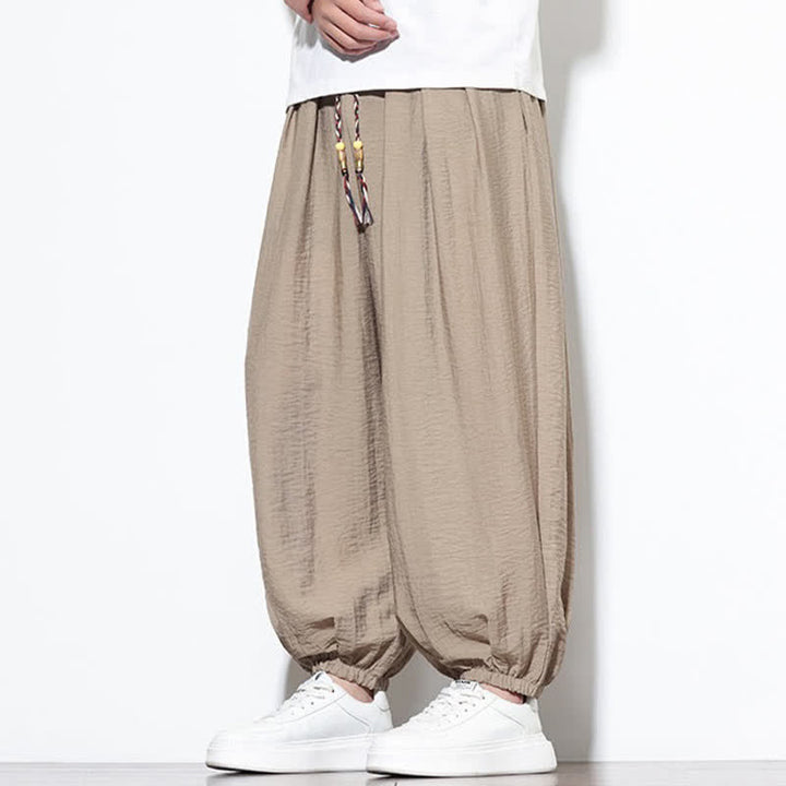 Buddha Stones Pantaloni corti estivi casual boho con coulisse, pantaloni harem da uomo a tinta unita con tasca - image 32