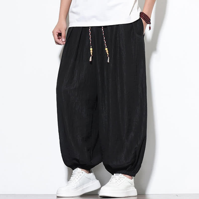 Buddha Stones Pantaloni corti estivi casual boho con coulisse, pantaloni harem da uomo a tinta unita con tasca - image 14