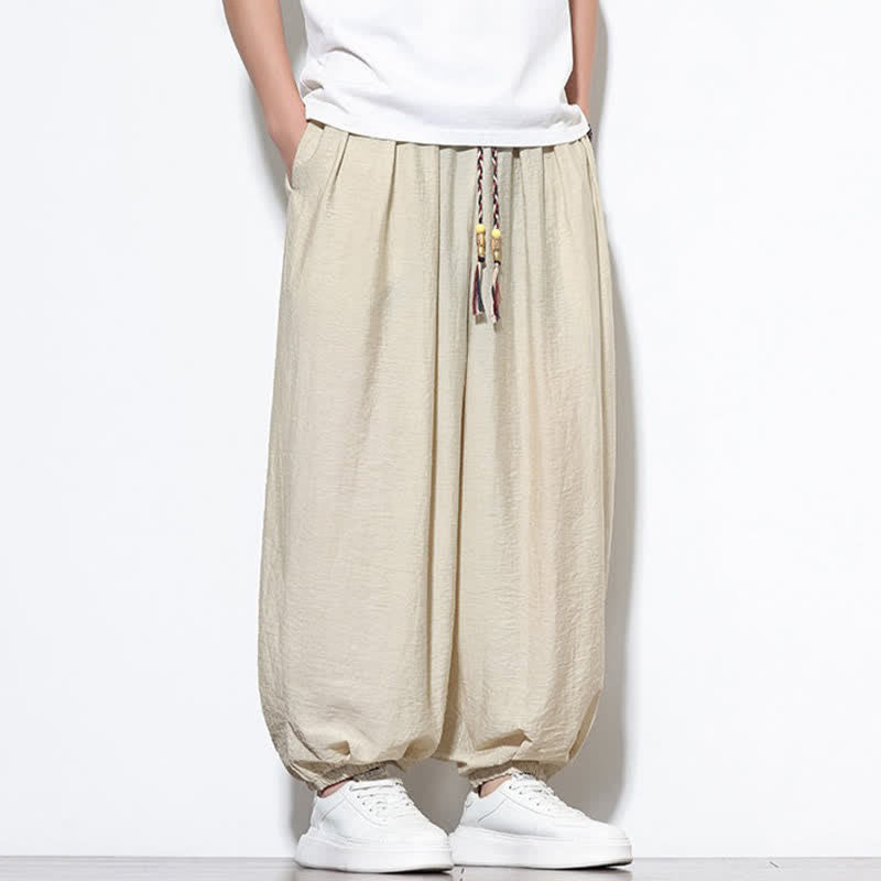 Buddha Stones Pantaloni corti estivi casual boho con coulisse, pantaloni harem da uomo a tinta unita con tasca - image 1